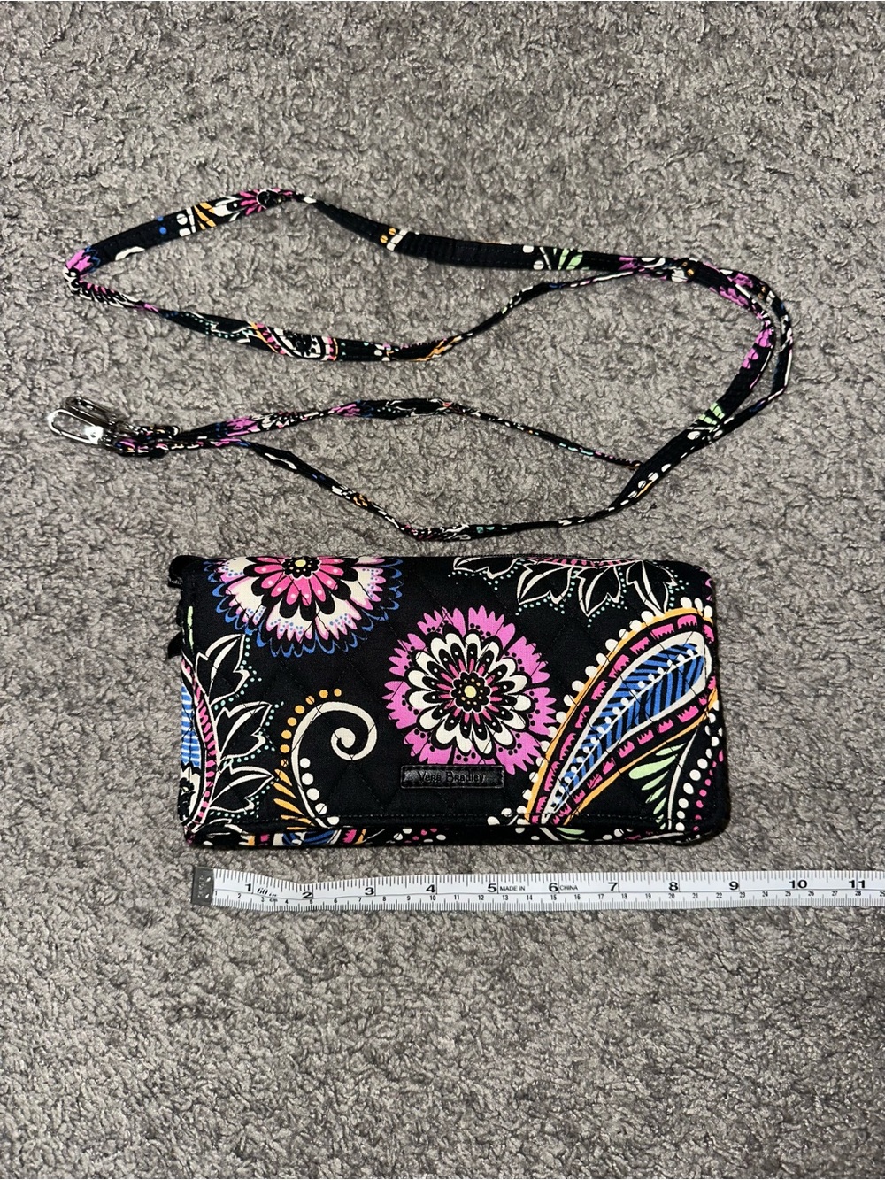 Vera Bradley Black Floral Paisley Crossbody Wallet with Pink & Blue Accents